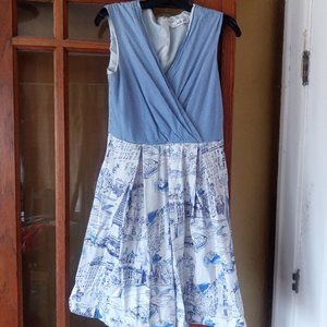 crossover fit & flare dress, stripe and toile